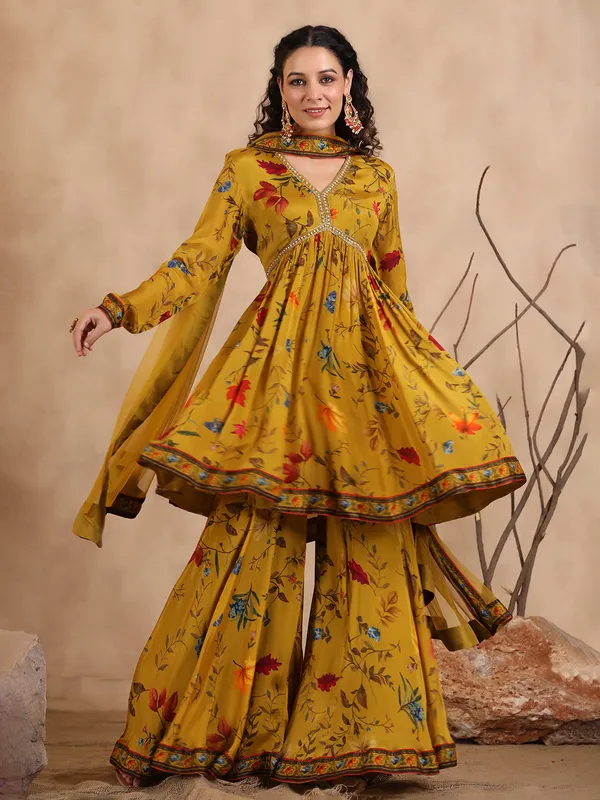 Mustard yellow printed sharara set