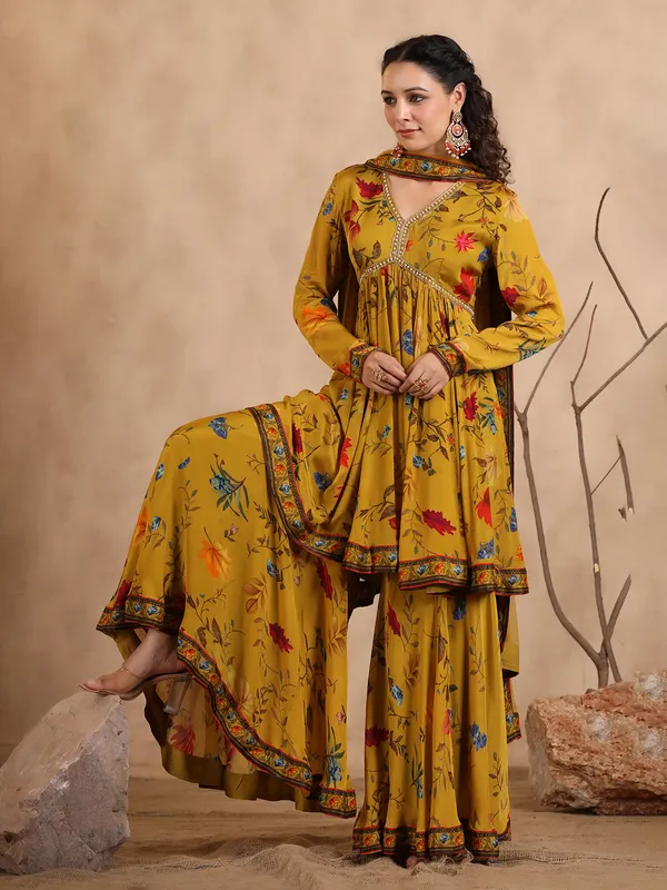 Mustard yellow printed sharara set