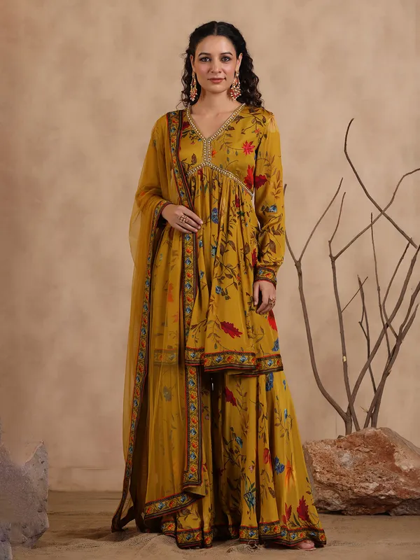 Mustard yellow printed sharara set