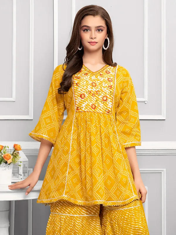 Mustard yellow printed sharara set in cotton