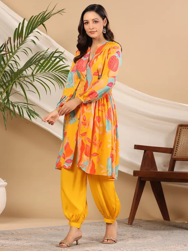 Mustard yellow printed silk co ord set