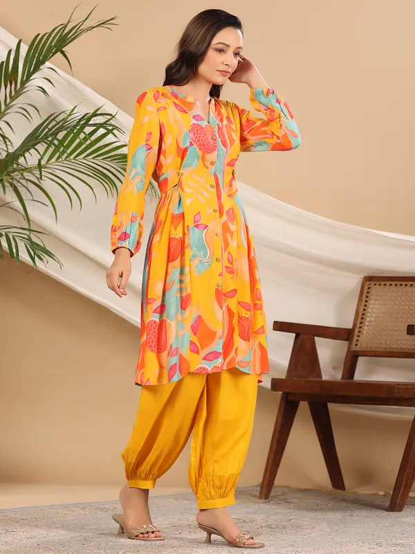 Mustard yellow printed silk co ord set