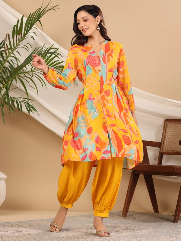 Mustard yellow printed silk co ord set