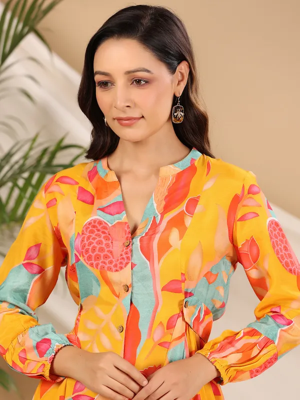 Mustard yellow printed silk co ord set