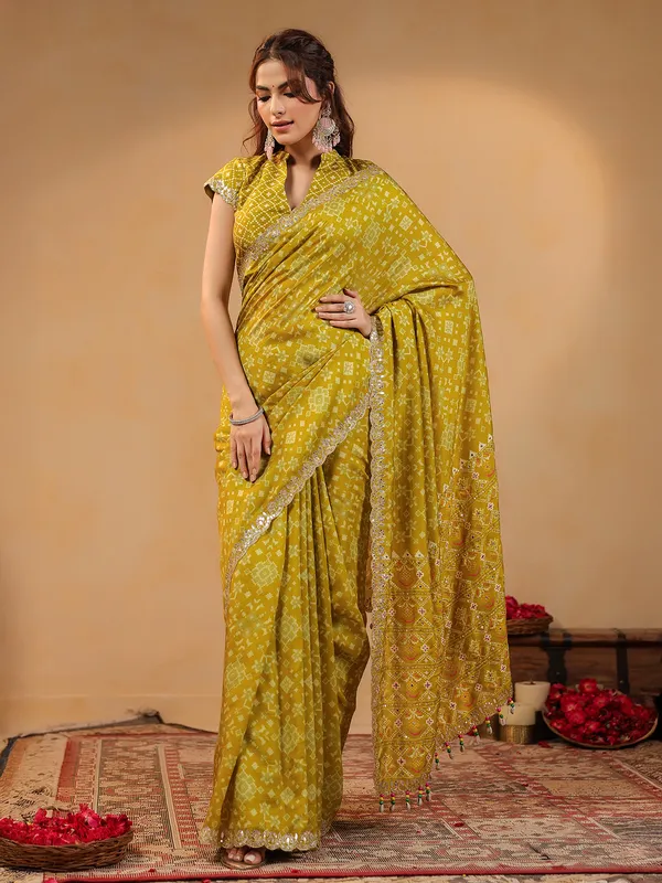 Mustard yellow printed silk festive saree