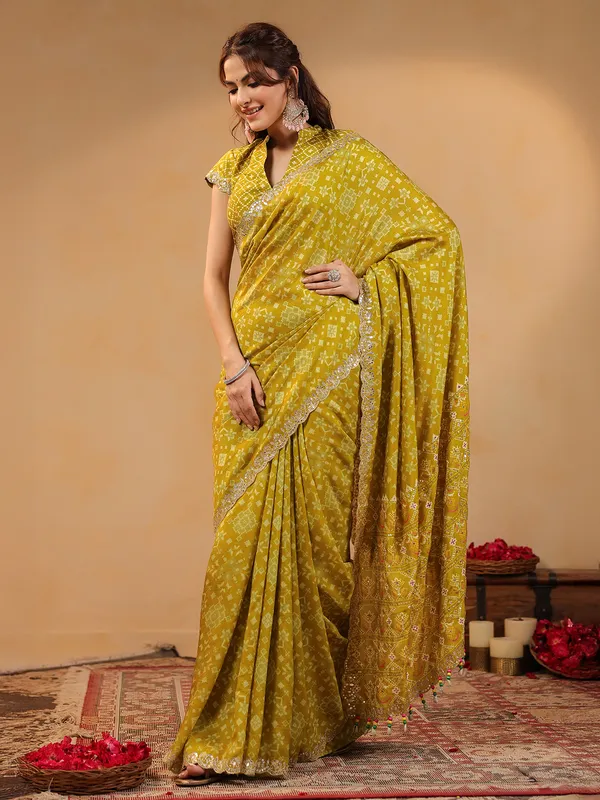 Mustard yellow printed silk festive saree