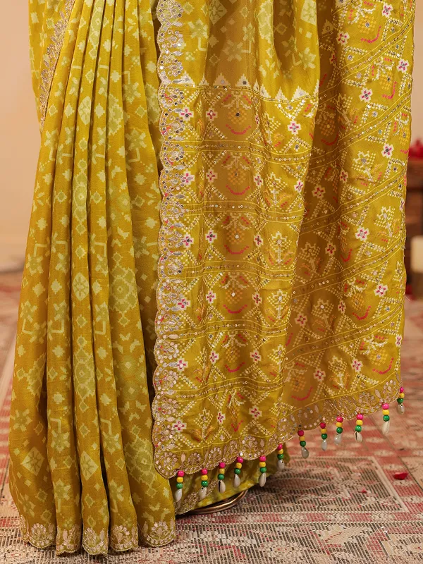 Mustard yellow printed silk festive saree