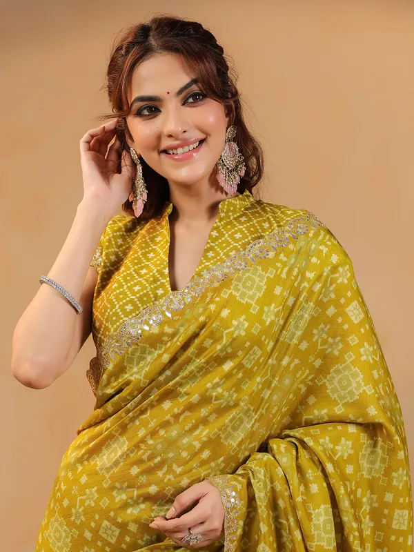 Mustard yellow printed silk festive saree