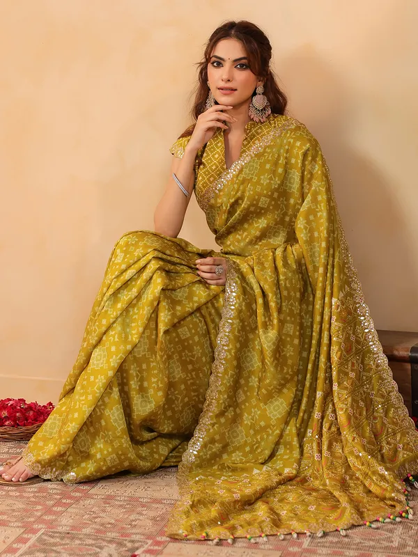 Mustard yellow printed silk festive saree