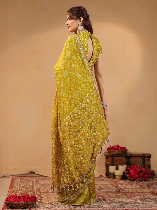 Mustard yellow printed silk festive saree
