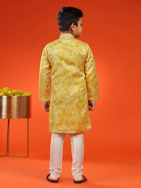 Mustard yellow printed silk kurta suit