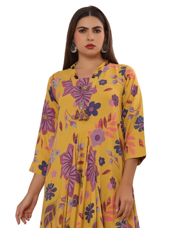 Mustard yellow printed silk kurti