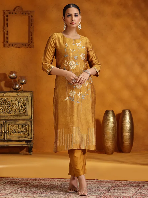 Mustard yellow printed silk kurti set for women