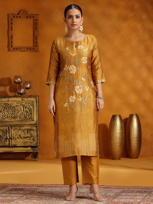 Mustard yellow printed silk kurti set for women