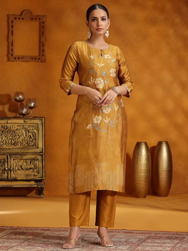 Mustard yellow printed silk kurti set for women