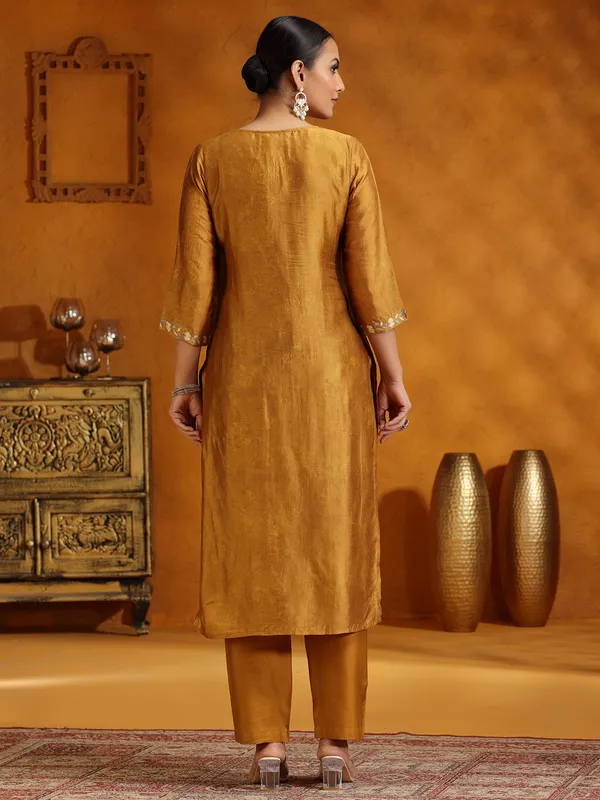 Mustard yellow printed silk kurti set for women