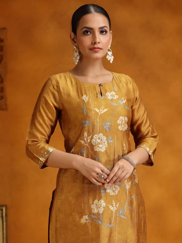 Mustard yellow printed silk kurti set for women