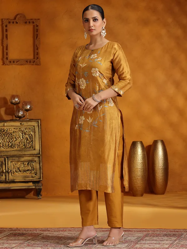 Mustard yellow printed silk kurti set for women