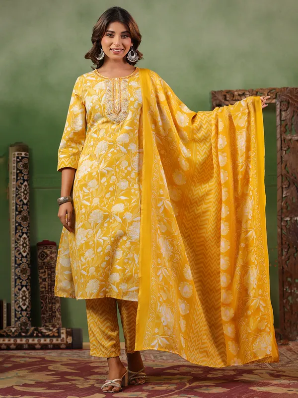 Mustard yellow printed silk kurti set with dupatta