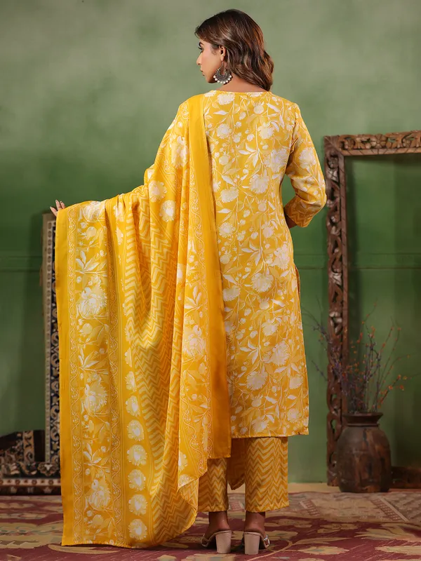 Mustard yellow printed silk kurti set with dupatta