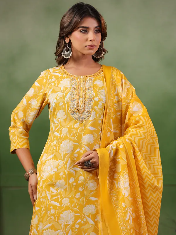 Mustard yellow printed silk kurti set with dupatta