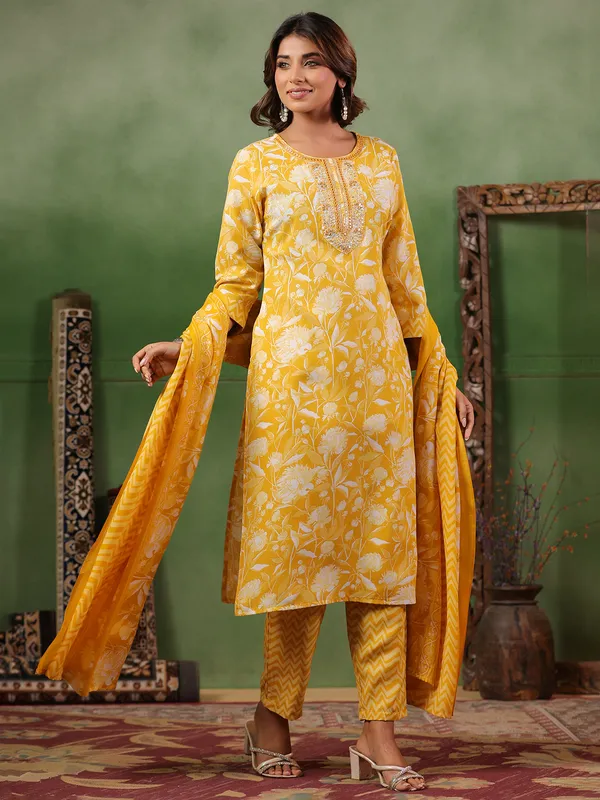 Mustard yellow printed silk kurti set with dupatta