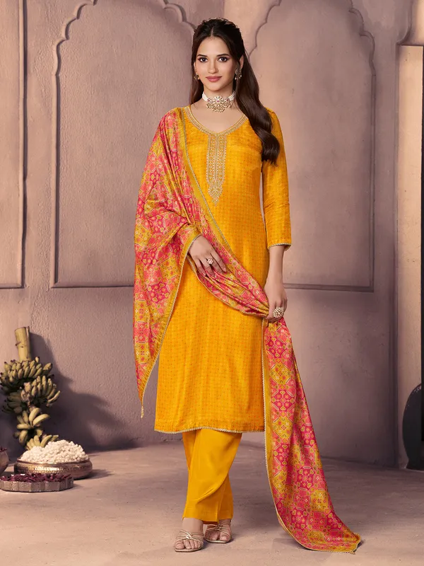 Mustard yellow printed silk kurti set with dupatta for women