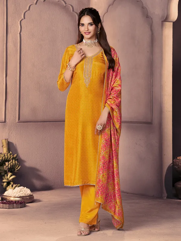 Mustard yellow printed silk kurti set with dupatta for women