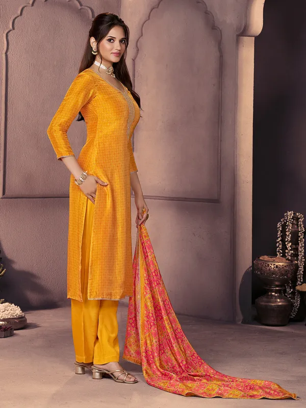 Mustard yellow printed silk kurti set with dupatta for women