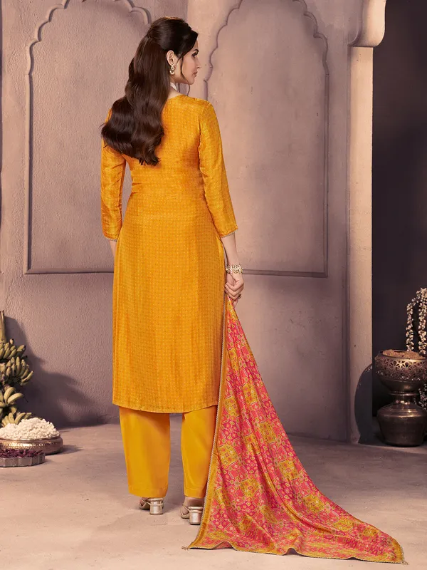 Mustard yellow printed silk kurti set with dupatta for women
