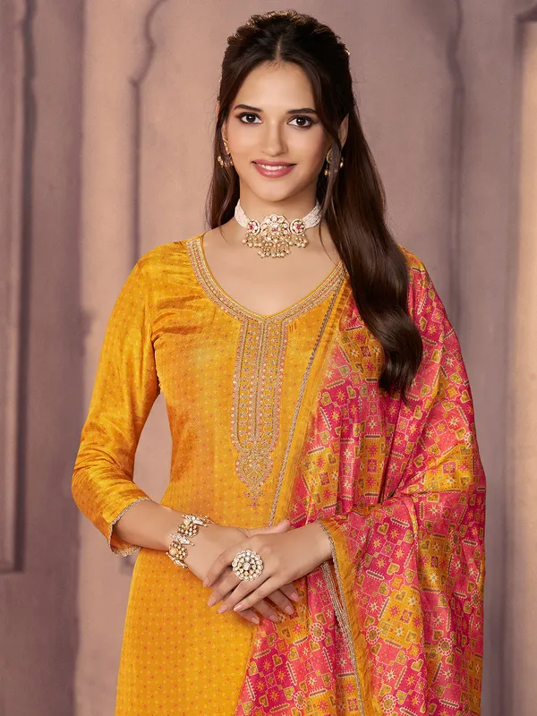 Mustard yellow printed silk kurti set with dupatta for women