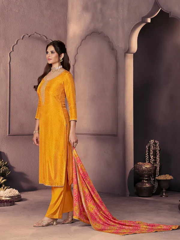 Mustard yellow printed silk kurti set with dupatta for women