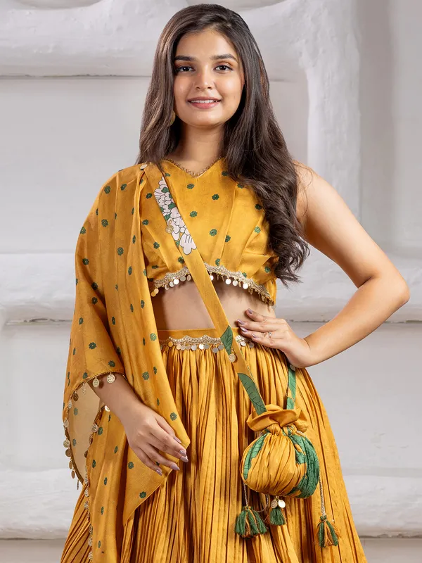 Mustard yellow printed silk lehenga choli for girls