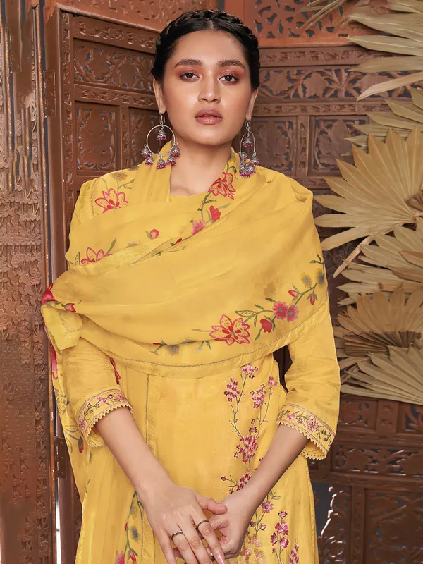 Mustard yellow printed silk palazzo suit for women