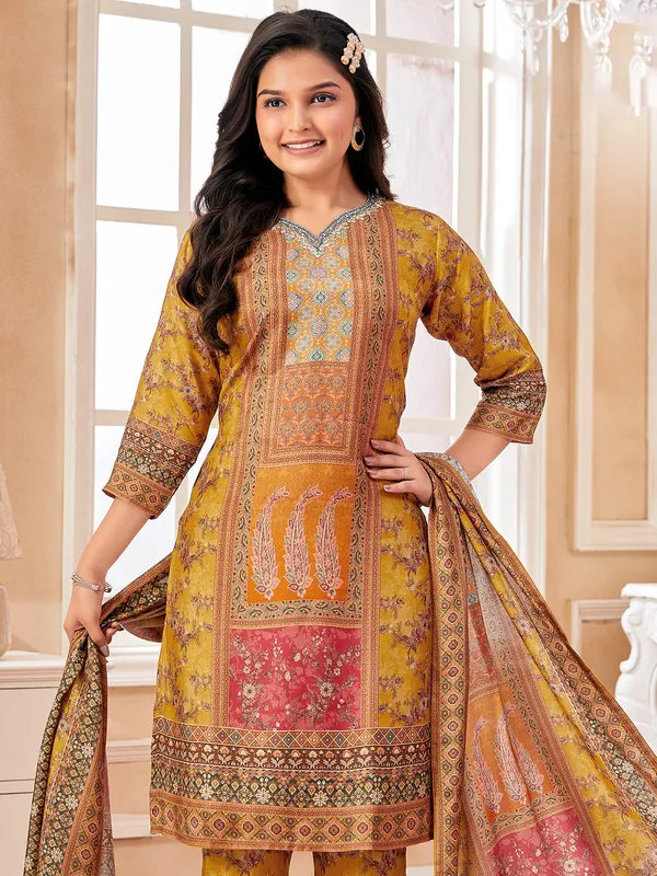 Mustard yellow printed silk salwar suit