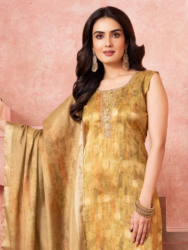 Mustard yellow printed silk salwar suit for women