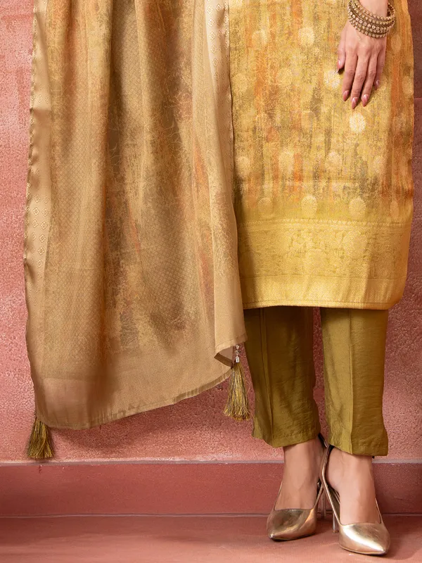 Mustard yellow printed silk salwar suit for women