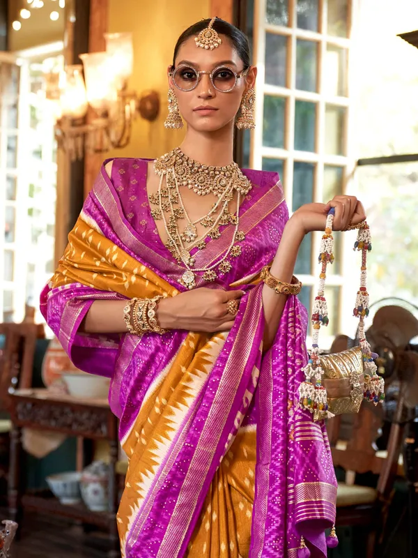 Mustard yellow printed silk saree for women