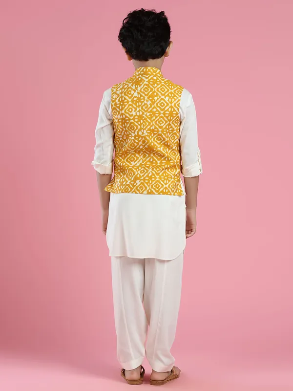 Mustard yellow printed silk waistcoat set