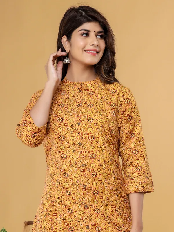 Mustard yellow printed style kurti in cotton