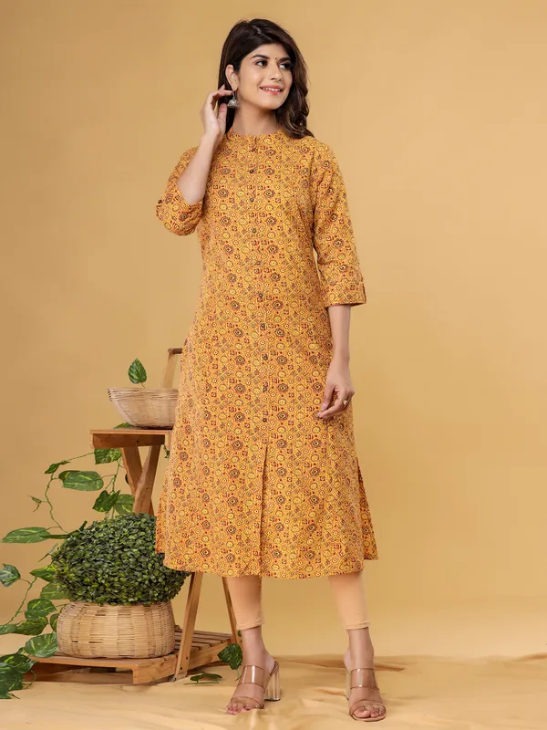Mustard yellow printed style kurti in cotton