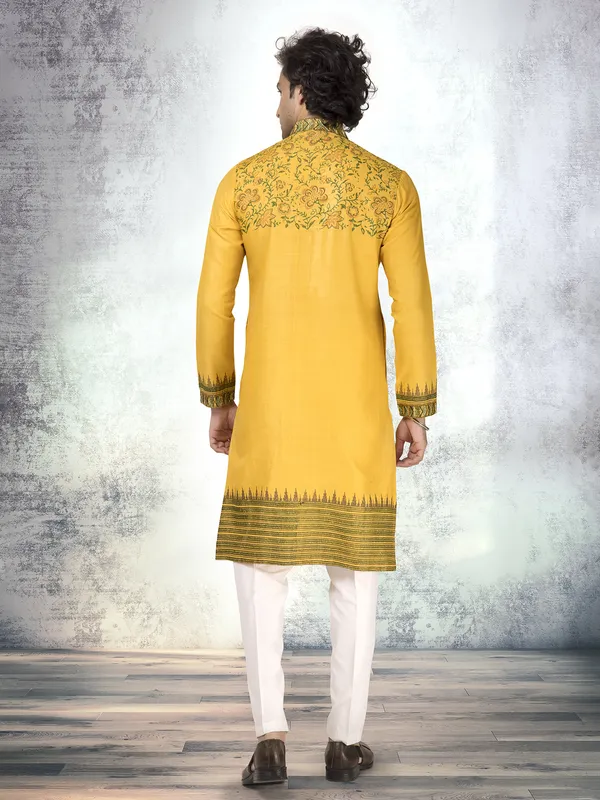 Mustard yellow pure munga silk printed kurta suit for festive