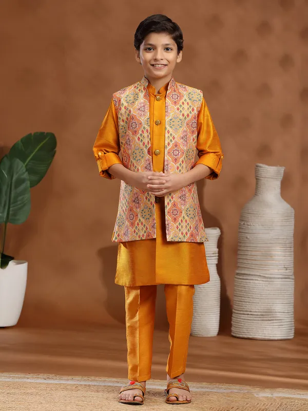 Mustard yellow raw silk resham waistcoat set for haldi
