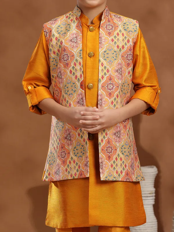 Mustard yellow raw silk resham waistcoat set for haldi