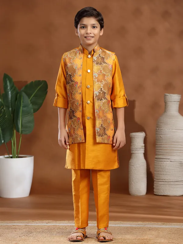 Mustard yellow raw silk zari weaving waistcoat set
