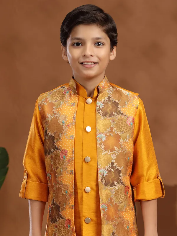 Mustard yellow raw silk zari weaving waistcoat set