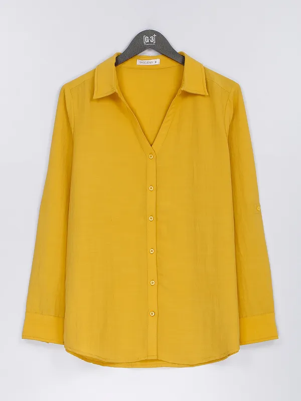 Mustard yellow rayon cotton plain shirt