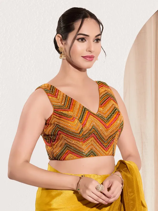 Mustard yellow ready made net blouse