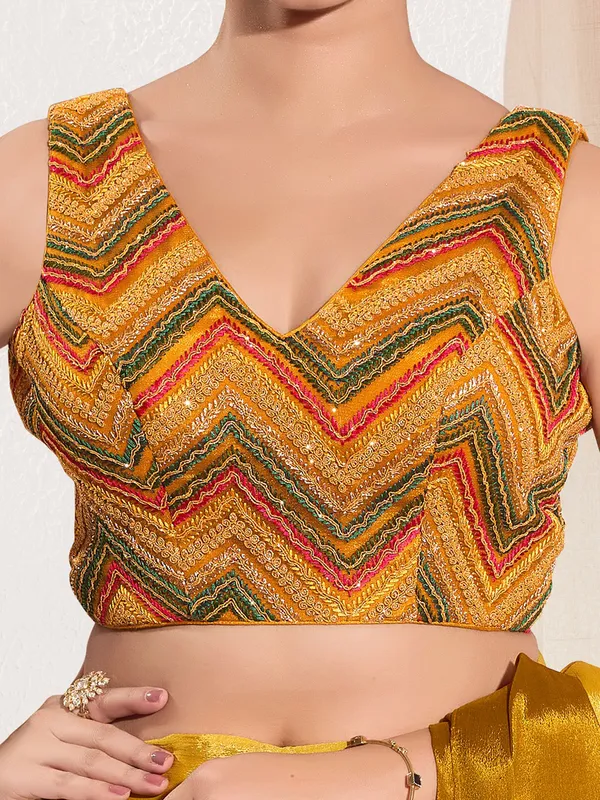 Mustard yellow ready made net blouse