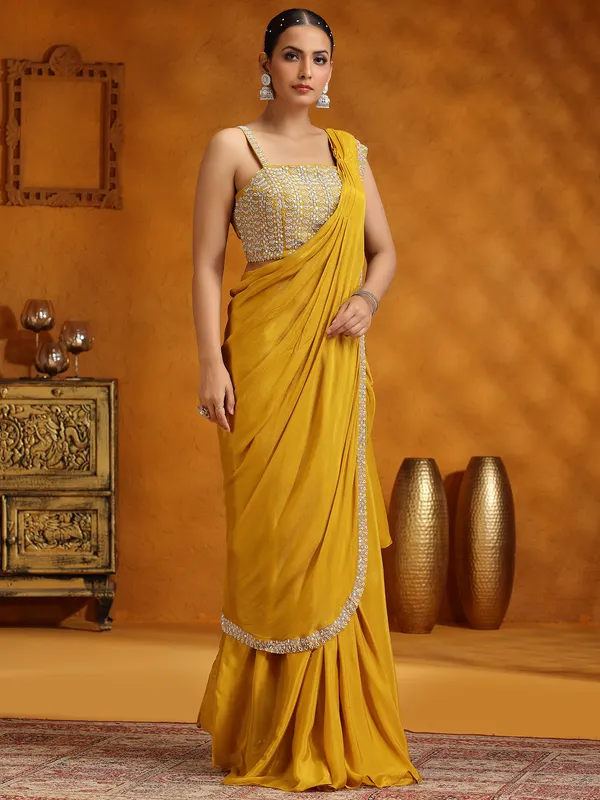 Mustard yellow ready to wear saree in chinon silk